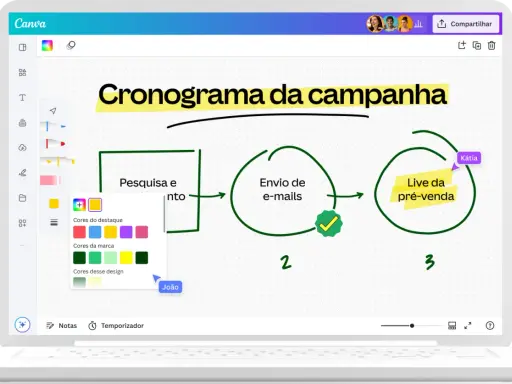 En en datorskärm visas en rita app där en kampanjplan skapas. João och Kátia samarbetar.
