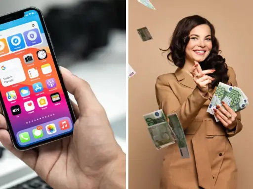 En kvinna i en affärsdräkt kastar pengar. En hand håller en iPhone med appar.