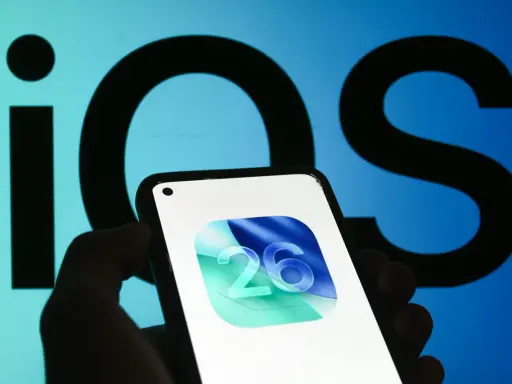 En hand håller en iPhone med ikonen för iOS 26. Bakgrunden visar en stor, suddig logotyp för iOS.