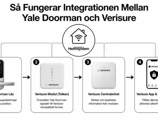Diagram visar hur Yale Doorman integreras med Verisure. Yale Doorman skickar signaler via en modul till Verisure Centralenhet, som sedan hanteras av Verisure App & Larmcentral för fjärrstyrning.