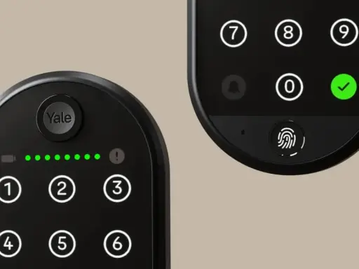 Två digitala dörrlås från Yale, ett med siffror och batteriindikator, det andra med siffror, fingeravtrycksläsare och en grön bock. Yale wifi-lås för smart hem.
