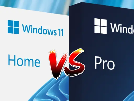 Jämförelse av Windows 11 Home vs Pro. Två förpackningar med Windows 11, en vit för Home och en mörkblå för Pro, står mot varandra.