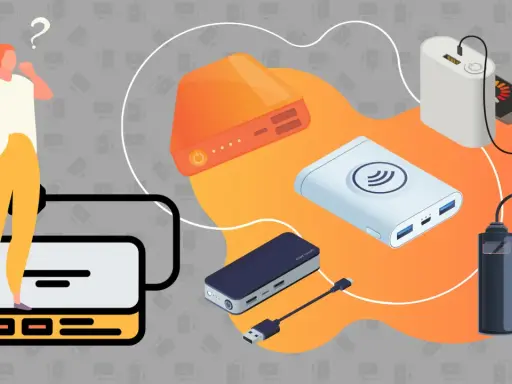 En kvinna funderar på hur laddar man en powerbank. Flera powerbanks och en mobil visas, redo att laddas.