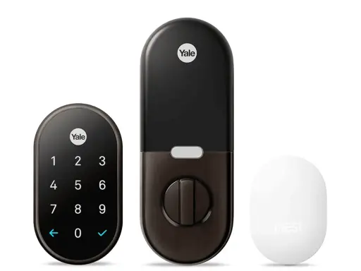 Yale Doorman-komponenter: tangentbord, lås och Nest-hub. Perfekt för att återställa Yale Doorman till fabriksinställningar.
