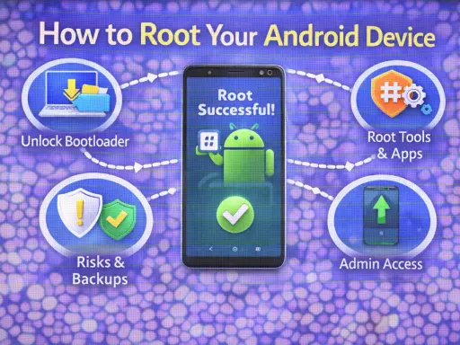 Diagram som visar hur man roota android. Inkluderar steg som "Unlock Bootloader", "Risks & Backups", "Root Tools & Apps" och "Admin Access".
