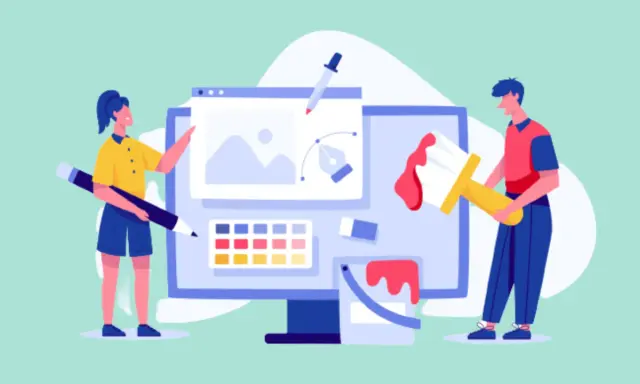 Två personer skapar digital konst med ett grafisk design program gratis. En med penna, en med pensel.
