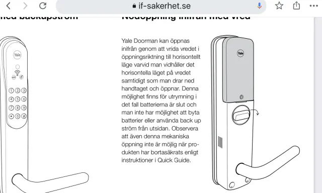 Illustration av ett Yale lås, visar hur man öppnar det inifrån vid strömavbrott, och ger tips om att byta batteri.