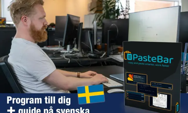 Man som arbetar vid datorn, med en produktbild för PasteBar som visar hur kopierar man på dator. Svensk guide medföljer.