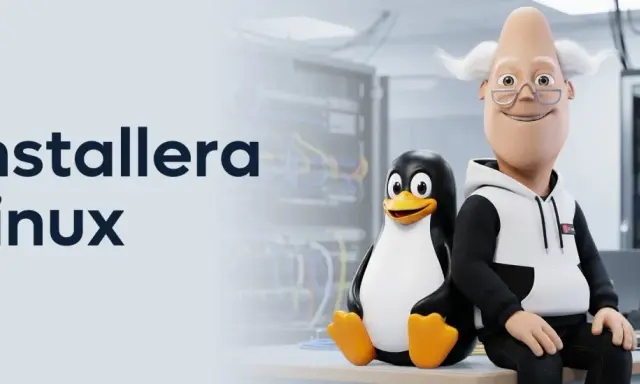 En glad gubbe och pingvinen Tux bredvid texten "Installera Linux" i en serverhall.