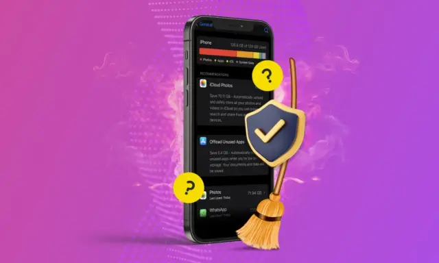 En iPhone visar rekommendationer för att frigöra utrymme, som iCloud Photos och att avlasta oanvända appar. En kvast och en sköld symboliserar städning och säkerhet för dina uppdateringar och appar.