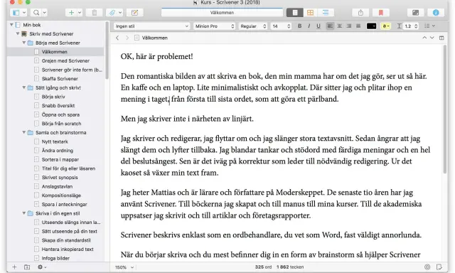 I Scrivener svenska, en textredigerare, visas en kurs om att skriva. En författare delar med sig av sina erfarenheter.