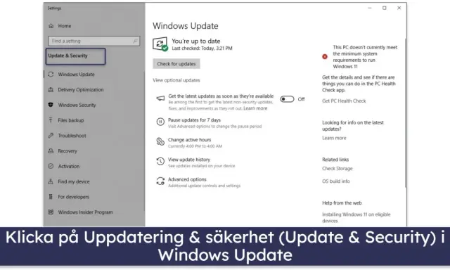 Inställningar för Windows Update. Här kan du se hur uppdaterar man Chrome genom att klicka på "Uppdatering & säkerhet" och sedan "Windows Update".