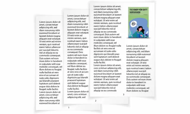 Sidor i InDesign med lorem ipsum-text och en bokomslagstitel "Tio knep för ditt skrivande".