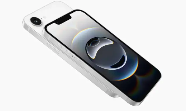 En vit iPhone 16 e med en abstrakt bakgrundsbild på skärmen.
