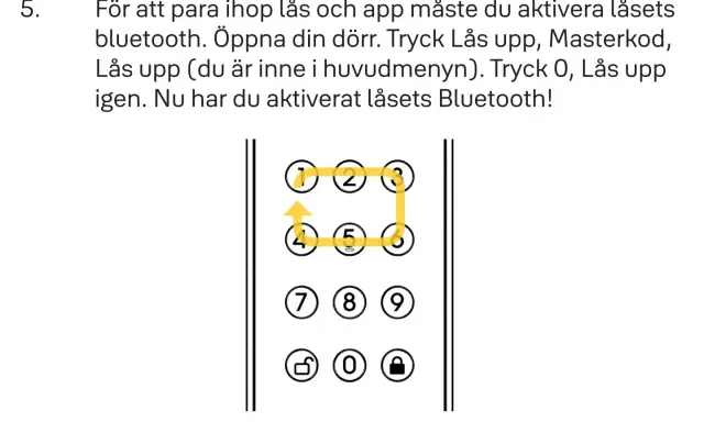 Instruktioner för att aktivera Bluetooth på låset. En gul linje visar mönstret 1-2-3-6-5-4 för att undvika att mata in yale fel kod för många gånger.