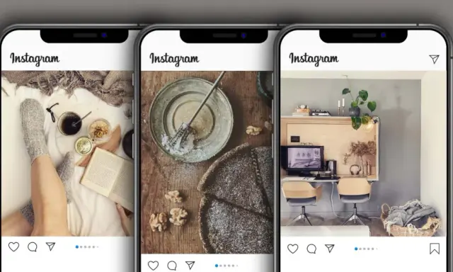 Tre telefoner visar Instagram-flöden: en med fötter i sockor, en med bakverk och en med hemmakontor. Perfekt för att skapa nytt Instagramkonto.