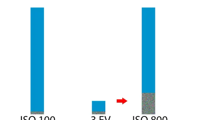 Visar hur brus ökar med högre iso kamera inställningar. Från ISO 100 till ISO 800, med en minskning på -3 EV, syns mer kornighet.
