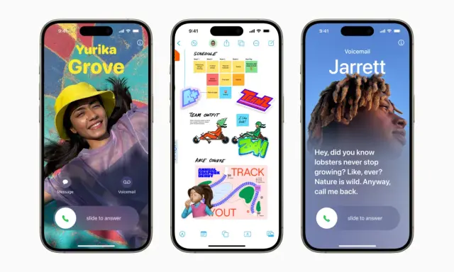 Tre iPhones visar nya funktioner i senaste iOS: en inkommande samtalsskärm med bild, en schemalagd projektplan och ett röstmeddelande.
