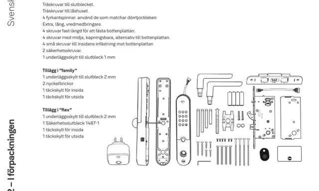 Illustrationer visar delar till Yale Doorman L3 manual, inklusive skruvar, beslag och en digital enhet.