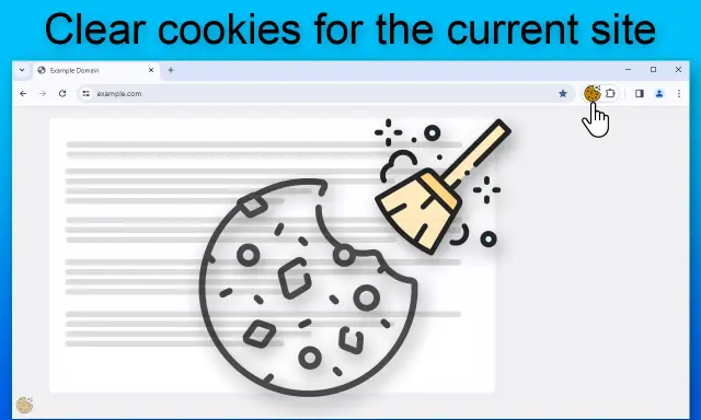 En hand klickar på en cookie-ikon för att radera cookies för den aktuella webbplatsen. En kvast sveper bort en bit av en cookie.