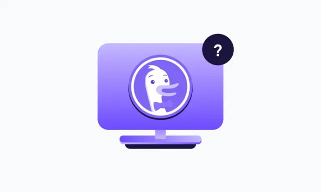 En datormonitor med en DuckDuckGo-logotyp och ett frågetecken.