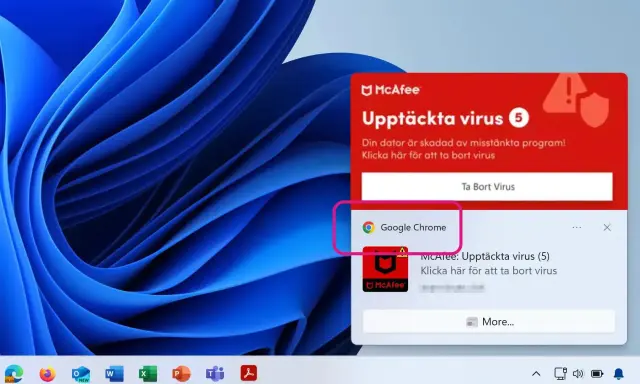 Varning från McAfee: Upptäckta virus på datorn. Google Chrome är listad. Klicka för att ta bort virus.