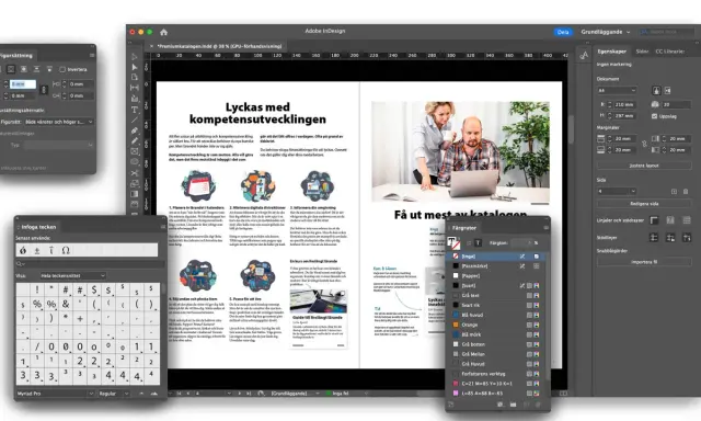 En skärmdump av Adobe InDesign som visar en tidningslayout med rubriken "Lyckas med kompetensutvecklingen". En **Indesign kurs** kan hjälpa dig att skapa liknande layouter.