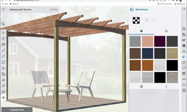 I en gratis ritprogram designas en pergola med stolar och bord. Materialpaletten visar olika träslag och färger.