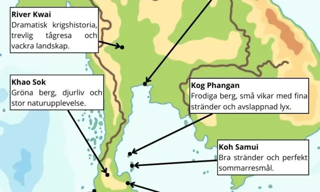 En karta över Thailand, liknande en Google Maps-vy, visar sevärdheter som River Kwai, Khao Sok, Koh Phangan och Koh Samui.