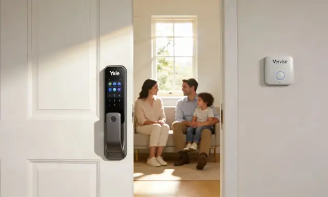 En familj njuter av sitt hem med ett Yale-lås och en Verisure-enhet, som integreras smidigt med Google Home för ökad trygghet.