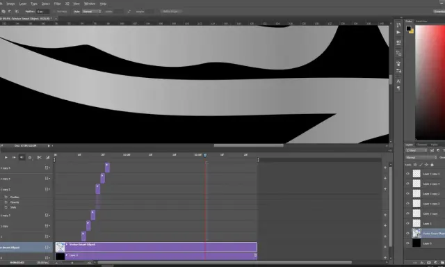 Arbetar med att komprimera GIF i Photoshop. Tidslinjen visar flera lager och keyframes för animationen.