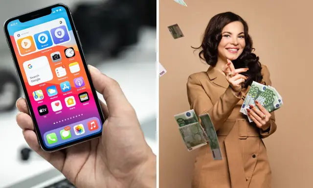 En kvinna i en affärsdräkt kastar pengar. En hand håller en iPhone med appar.