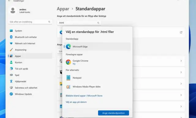 Inställningar för appar i Windows 11. Välj standardapp för .html-filer, t.ex. Microsoft Edge eller Google Chrome.