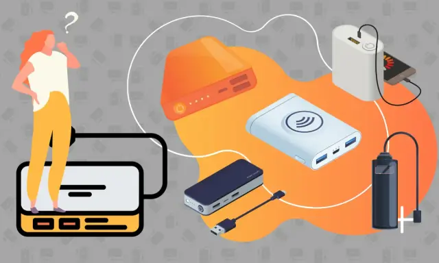 En kvinna funderar på hur laddar man en powerbank. Flera powerbanks och en mobil visas, redo att laddas.
