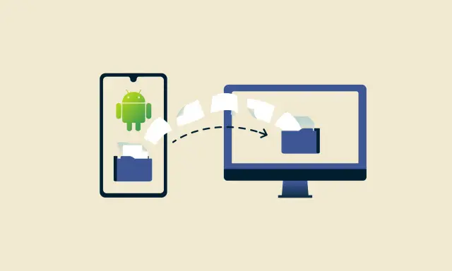 En Android-telefon överför filer till en dator via kabel.