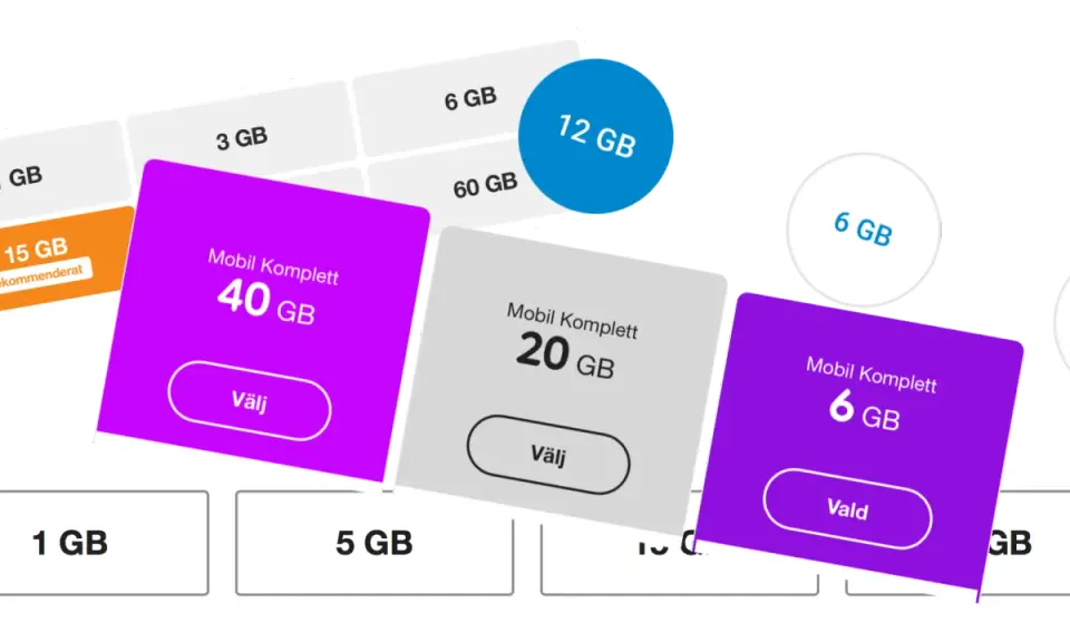 Mobilabonnemang med olika GB-mängder. Kanske mobildata fungerar inte och du behöver mer data? Välj 40 GB, 20 GB eller 6 GB.