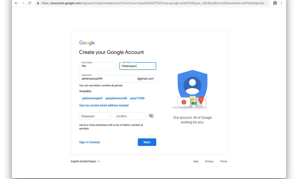 Skapa Google konto: Fyll i dina uppgifter för att skapa ett nytt Google-konto. Välj ett användarnamn och lösenord.