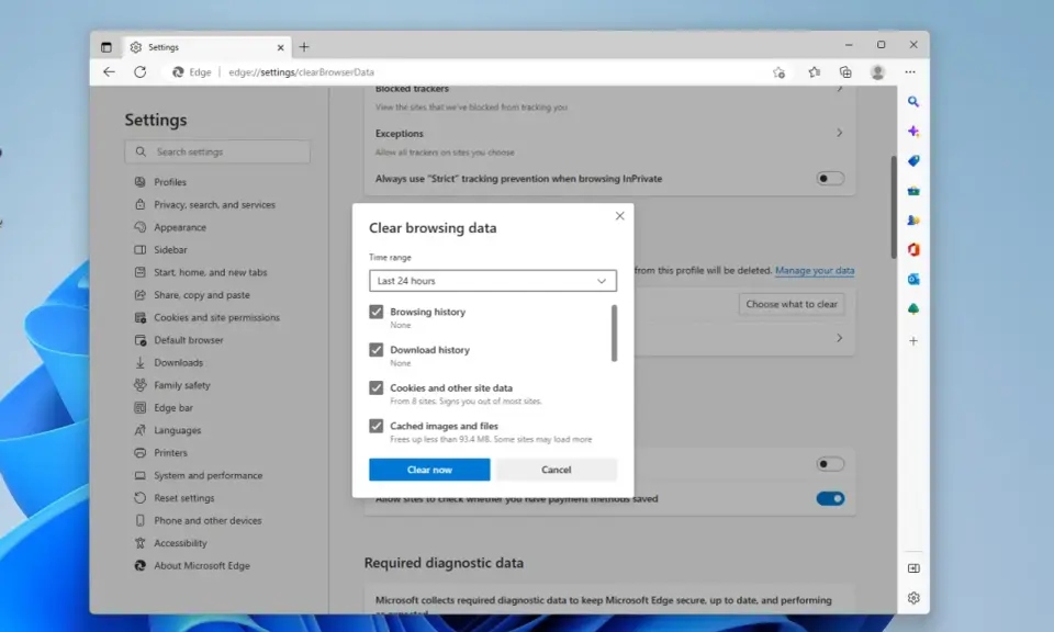 Fönstret "Rensa webbhistorik" i Microsoft Edge visar alternativ för att rensa historik, cookies och cache. Perfekt för att rensa historik android.
