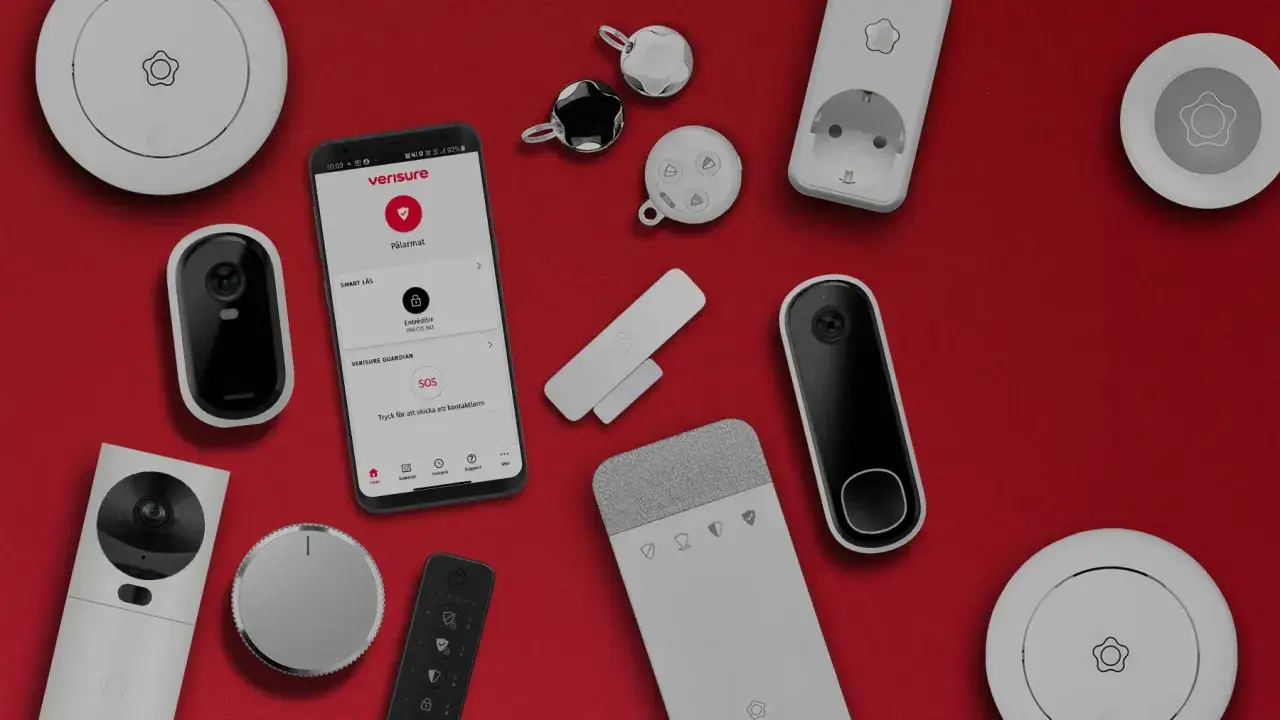 Verisure-produkter, inklusive en mobilapp som liknar Google Home, visas p&aring; en r&ouml;d bakgrund.