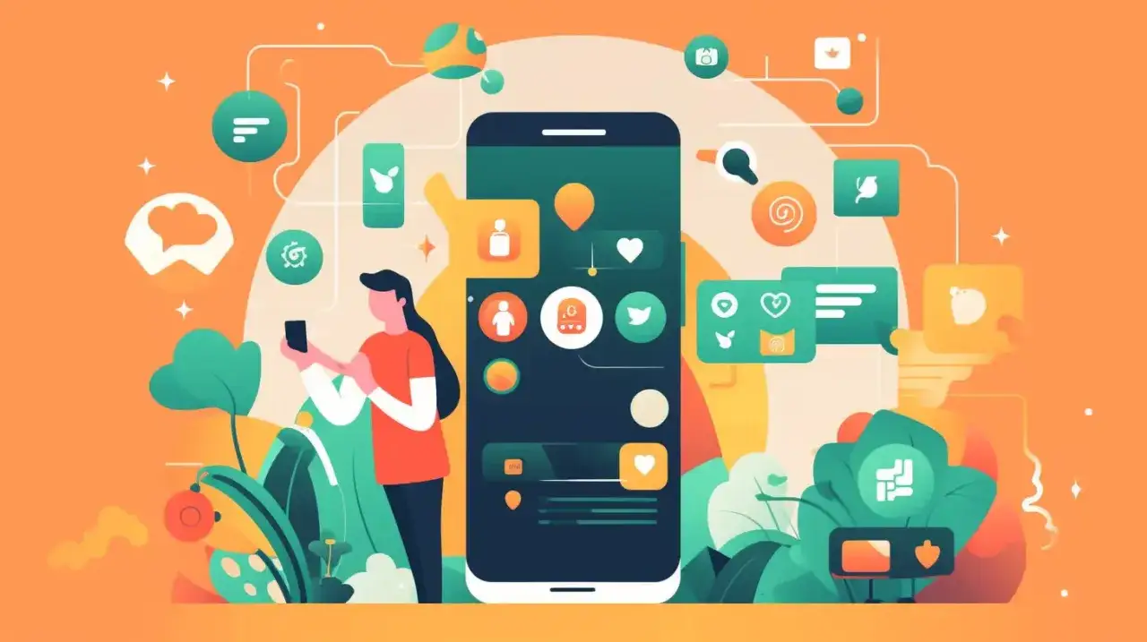 En person interagerar med en stor smartphone, omgiven av ikoner som representerar sociala medier och kommunikation. En illustration som visar hur man kan skapa en app.