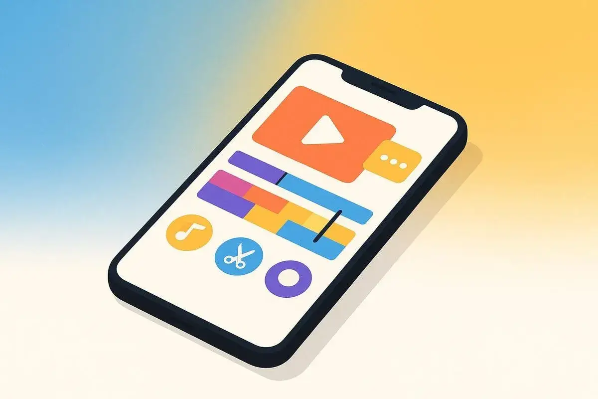 En mobiltelefon visar en videoredigeringsapp med tidslinjer, musik- och saxikoner. Perfekt för att skapa din nästa reel!