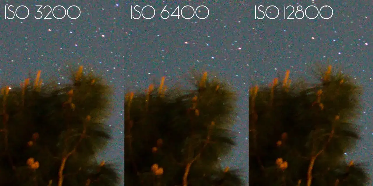 Jämförelse av tre bilder med olika iso-inställningar: ISO 3200, ISO 6400 och ISO 12800. Bilderna visar en stjärnklar natthimmel över trädtoppar.