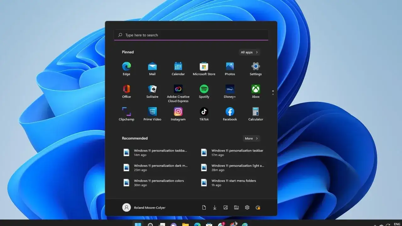 Startmenyn i Windows 11 visar f&auml;sta appar som Edge, Office och Instagram, samt rekommenderade filer.