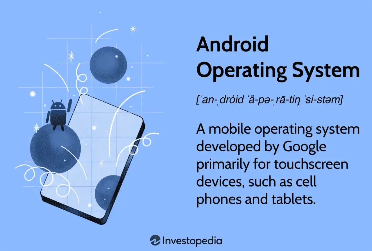 Android betyder ett mobilt operativsystem fr&aring;n Google. Bilden visar en stiliserad robot och en smartphone.