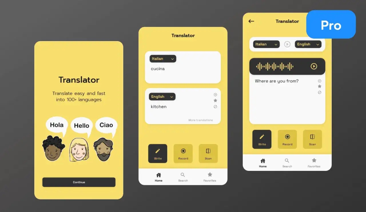 Appen visar en översättningsapp med tre skärmar. Den första visar