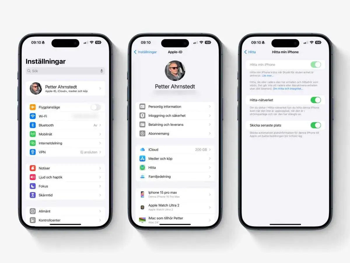 Hitta min iPhone aktiverat p&aring; tre iPhones. En visar inst&auml;llningar, en visar Apple-ID och en visar inst&auml;llningar f&ouml;r Hitta min iPhone.