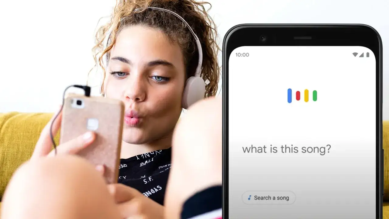 En tjej med h&ouml;rlurar nynnar en l&aring;t och anv&auml;nder sin telefon f&ouml;r att hitta den med Google-assistenten.