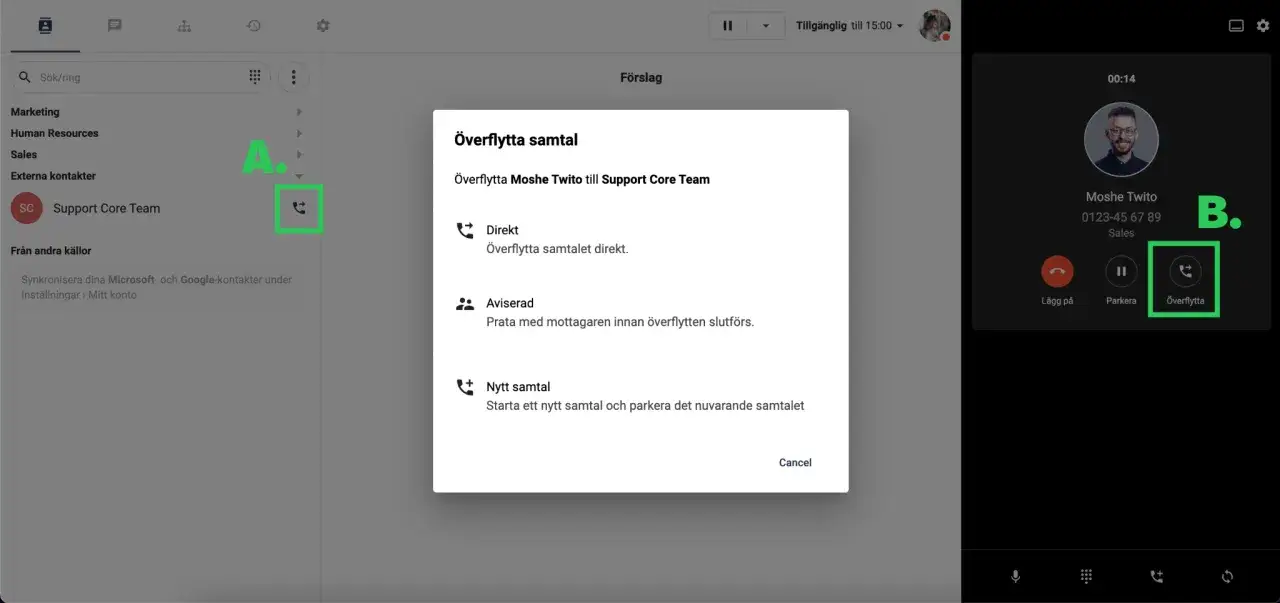 Bilden visar hur man kan vidarekoppla samtal på Android. En ruta för