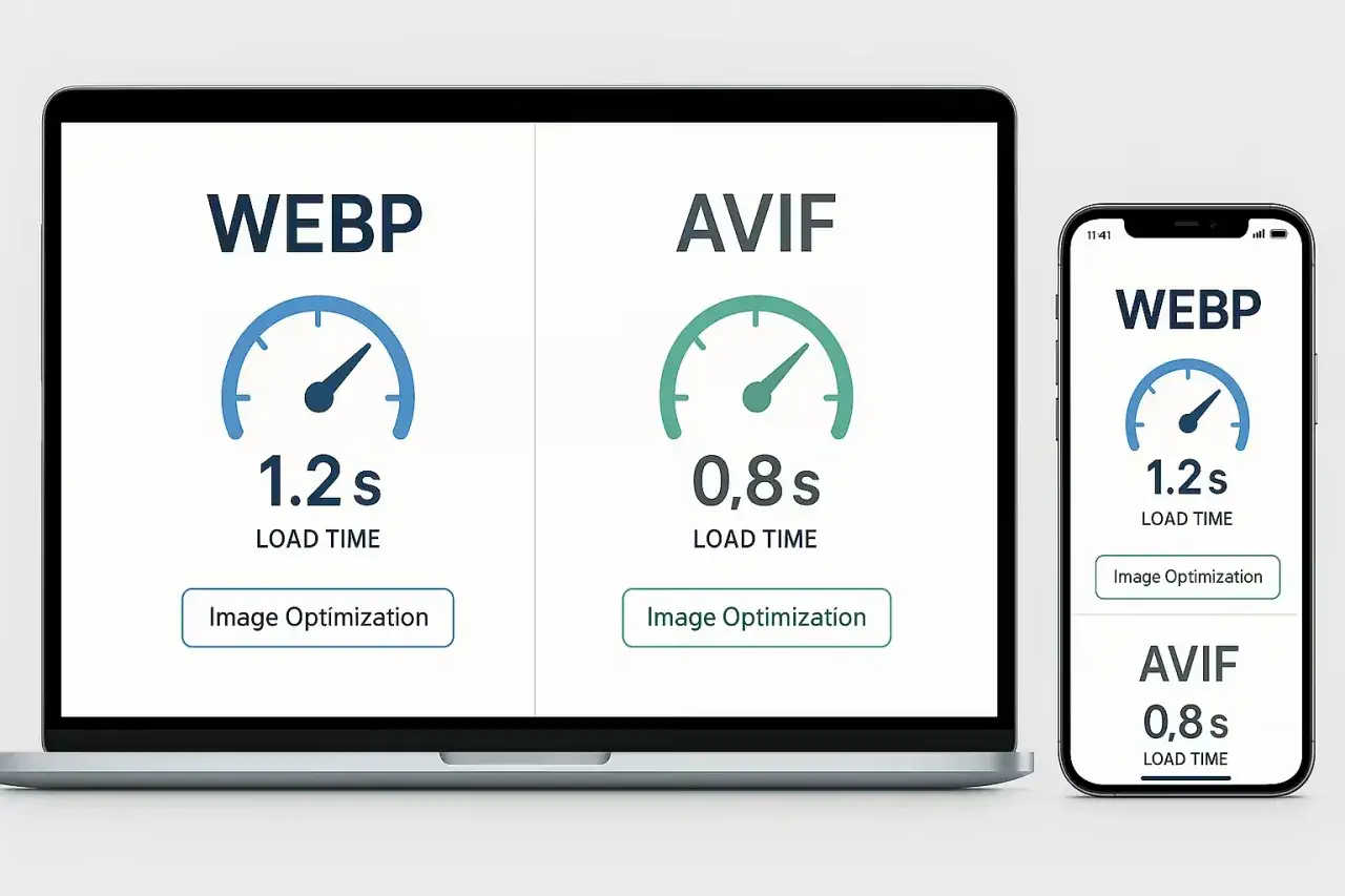 J&auml;mf&ouml;relse av olika bildformat: WEBP laddar p&aring; 1,2s, AVIF p&aring; 0,8s. Visas p&aring; laptop och mobil.