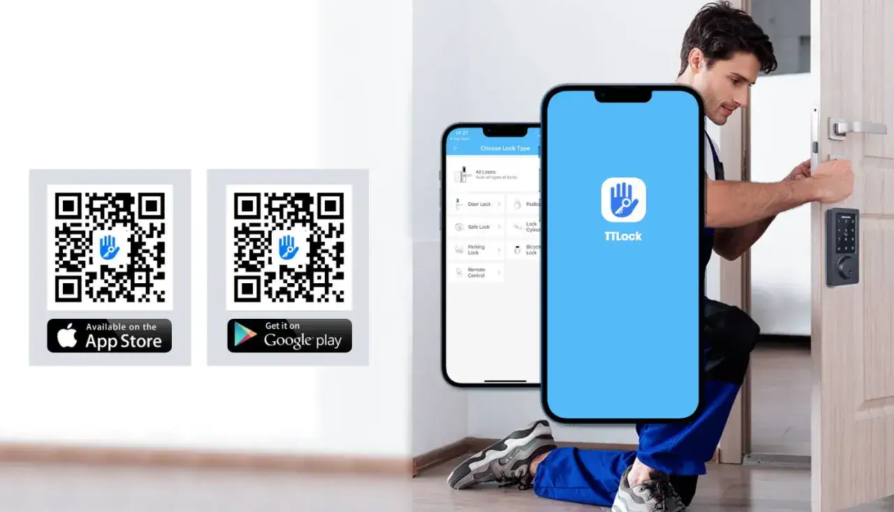 Man installerar en Yale Doorman L3-dörrlås. QR-koder för appnedladdning syns.